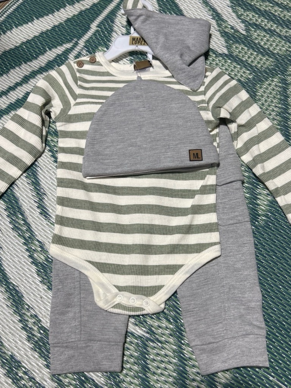 Striped Green & Gray Baby Bodysuit Set with Hat